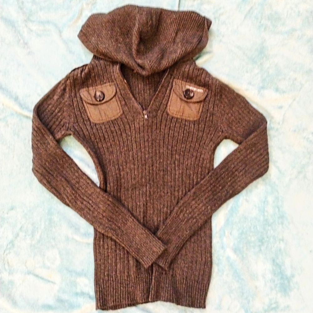 Cozy Brown Ribbed Knit Hoodie